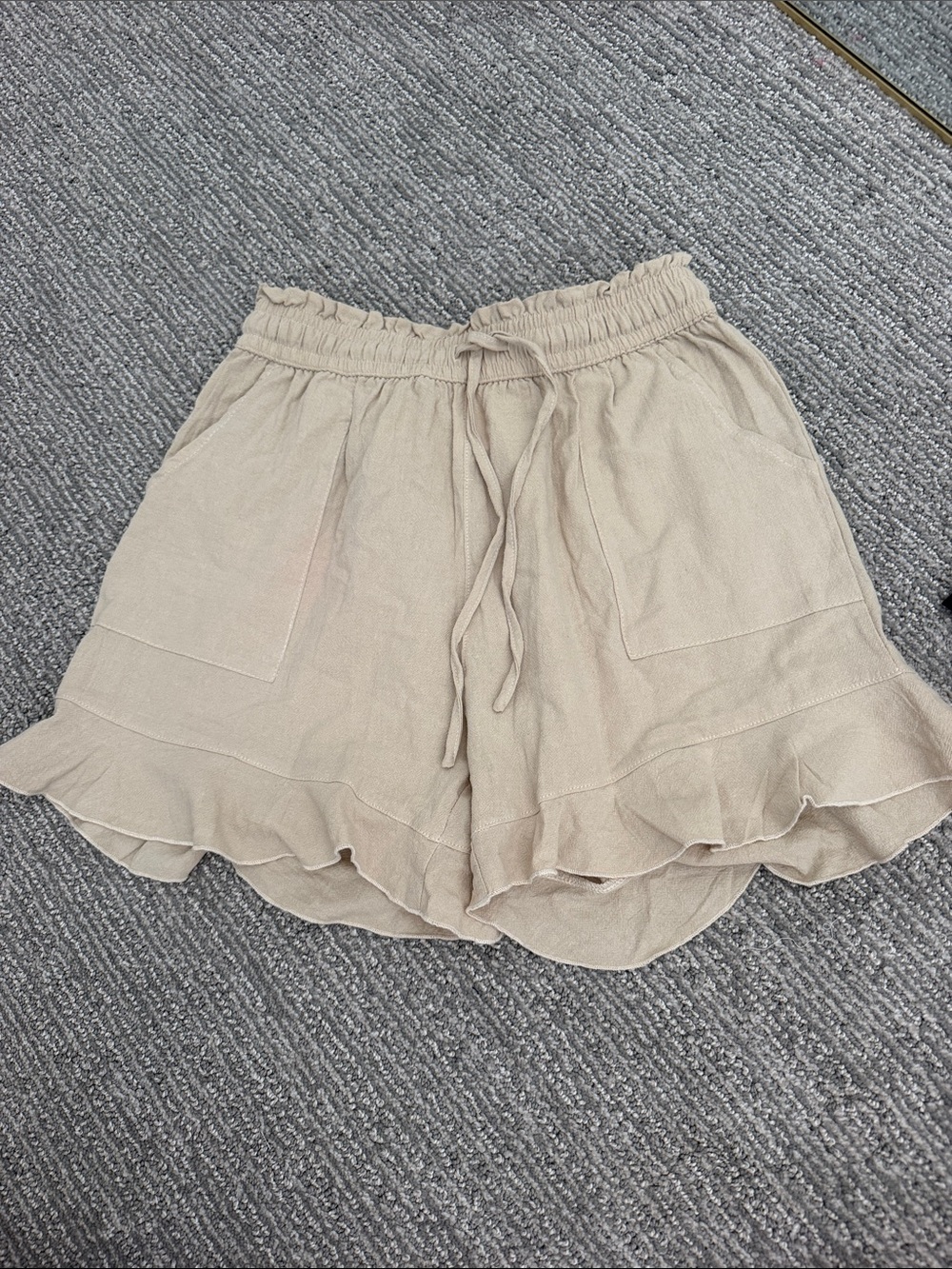 Beige Ruffle Hem Drawstring Shorts